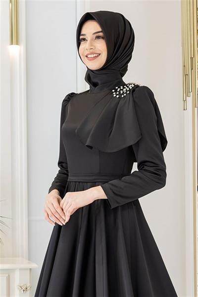 Pınar Şems Fiyonklu Saten Abiye Siyah
