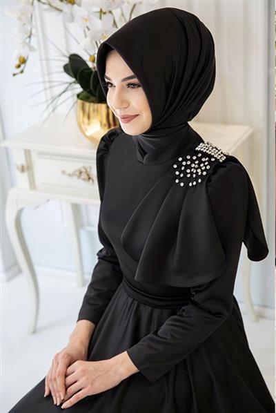 Pınar Şems Fiyonklu Saten Abiye Siyah