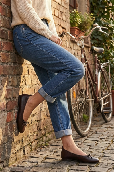 Jennifer Gerçek Deri Kahve Renkli Kadın Kısa Babet