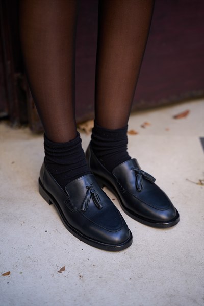 London Gerçek Deri Siyah Renkli Kadın Kısa Topuklu Babet