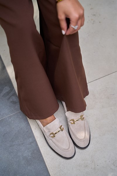 Pearl Gerçek Deri Bej Renkli Kadın Kısa Topuklu Babet