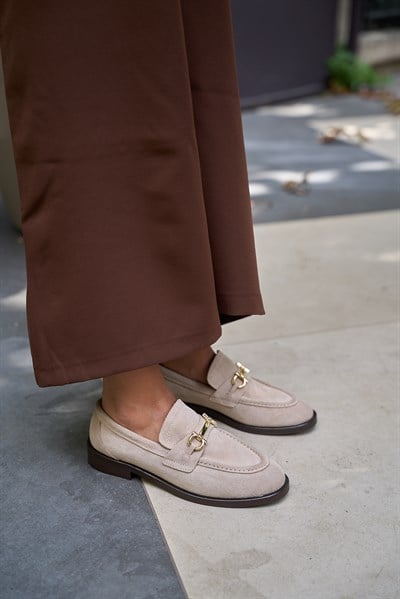 Pearl Gerçek Deri Bej Renkli Kadın Kısa Topuklu Babet