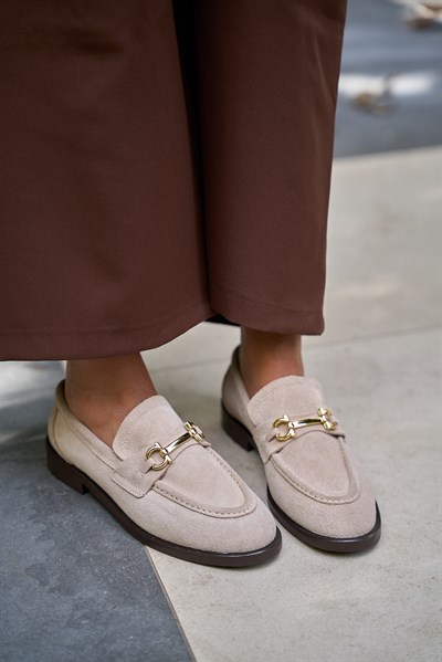 Pearl Gerçek Deri Bej Renkli Kadın Kısa Topuklu Babet