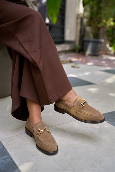 Pearl Gerçek Deri Camel Renkli Kadın Kısa Topuklu Babet