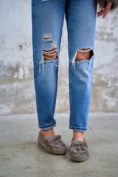 Bloom Gerçek Deri Gri Renkli Kadın Bağcıklı Kısa Topuklu Babet