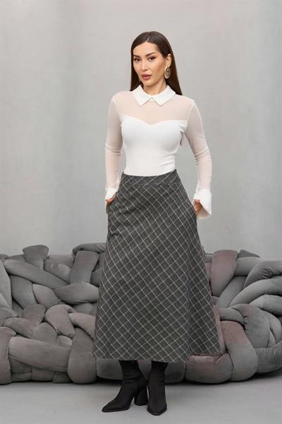 Gri Yüksek Bel Ekoseli Balık Etek