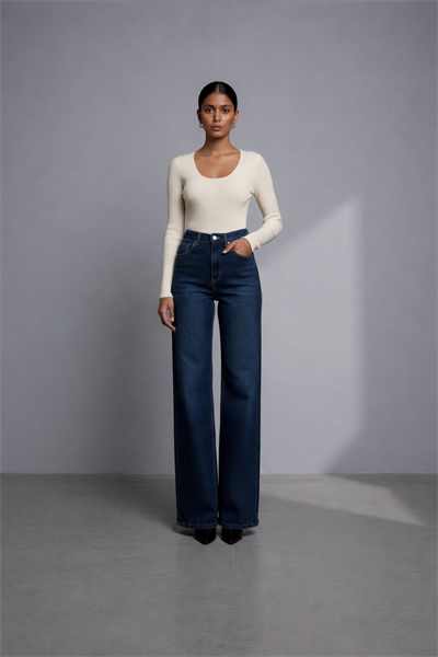 Mavi Renk Geniş Paça Wide Leg Kadın Jean Pantolon