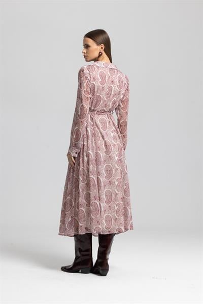 Şal Desen Pembe Şifon Gömlek Elbise