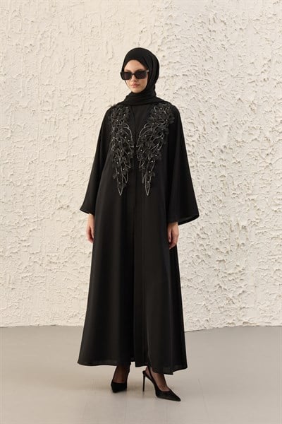 Melek Aplike İşlemeli Siyah Abaya