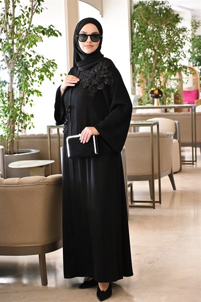 Parıl Aplike İşlemeli Siyah Abaya