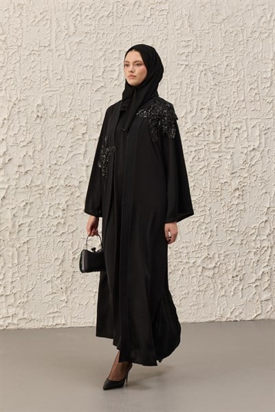 Parıl Aplike İşlemeli Siyah Abaya