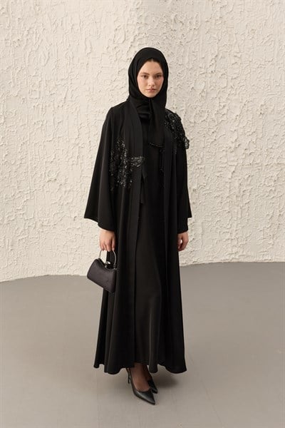 Parıl Aplike İşlemeli Siyah Abaya