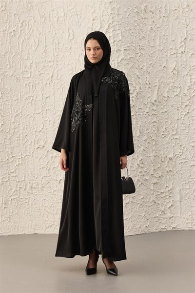 Parıl Aplike İşlemeli Siyah Abaya