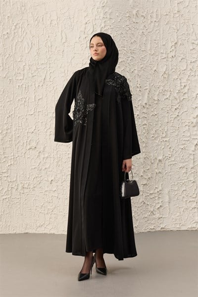 Parıl Aplike İşlemeli Siyah Abaya