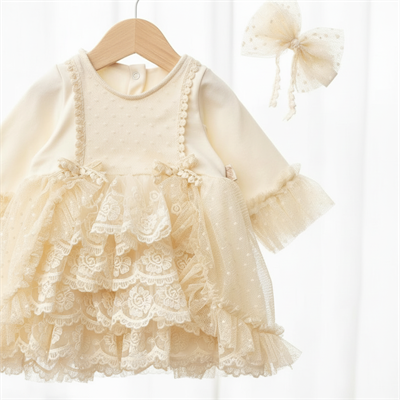 Kız Bebek Uzun Kollu Bandanalı Tüllü Tokalı Elbise  