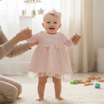 Kız Bebek Uzun Kollu Aksesuarlı Dantelli Tüllü Elbise
