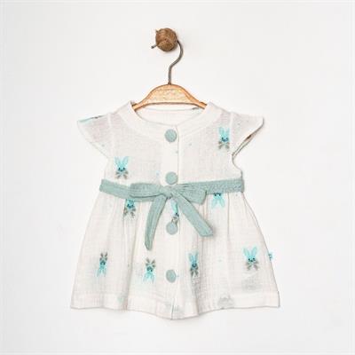 Kız Bebek Çocuk Tavşan Desenli Düğmeli Kısa Kollu Elbise