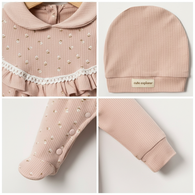 Kız Bebek Uzun Kollu Bereli Fırfırlı 2li Tulum Takım