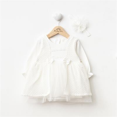 Kız Bebek Uzun Kollu Aksesuarlı Dantelli Tüllü Elbise