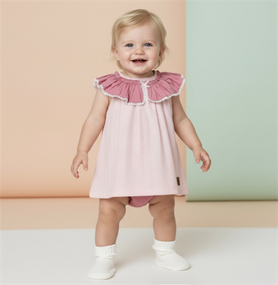 Kız Bebek Çocuk Organik Pamuklu Fırfır Yaka Sıfır Kol Çıtçıtlı Zıbın