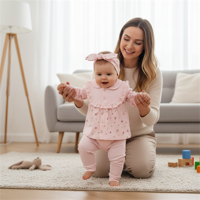 Kız Bebek Uzun Kollu Desenli Bandanalı 3lü Takım  