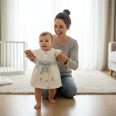 Kız Bebek Çocuk Tavşan Desenli Düğmeli Kısa Kollu Elbise