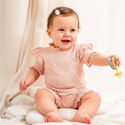 Kız Bebek Jakarlı Fırfırlı Nakış İşlemeli Kısa Kollu Şortlu 2li Takım  