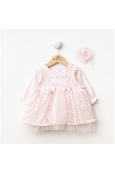 Kız Bebek Uzun Kollu Aksesuarlı Dantelli Tüllü Elbise