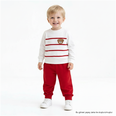 Erkek Bebek Çizgili Sweatshirt ve Kırmızı Eşofman Takımı