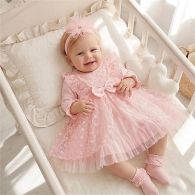 Kız Bebek Fiyonklu Tüllü Elbise 0-12 Ay Pudra Pembe - URU0167-PEMBE-3