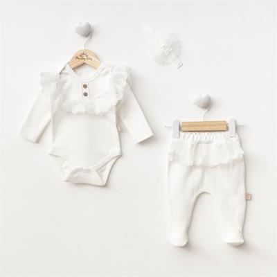 Yenidoğan Kız Bebek Uzun Kollu Aksesuarlı Tül Detaylı 3lü Set