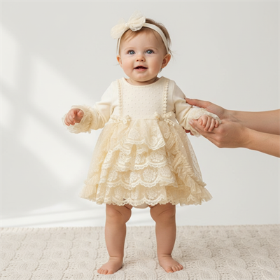 Kız Bebek Uzun Kollu Bandanalı Tüllü Tokalı Elbise  