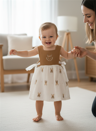 Kız Bebek Çocuk Sıfır Kollu Askılı Nakışlı Elbise  