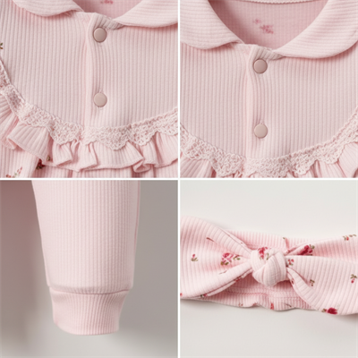 Kız Bebek Uzun Kollu Desenli Bandanalı 3lü Takım  