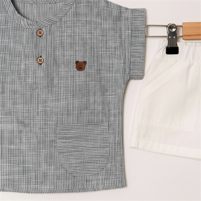 Erkek Bebek Nakışlı Kısa Kollu Gömlek Şort 2li Takım  