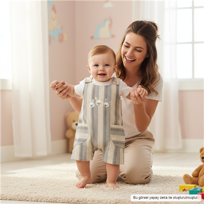 Unisex Bebek Nakış İşlemeli Askılı Şort Tulum 3-12 Ay