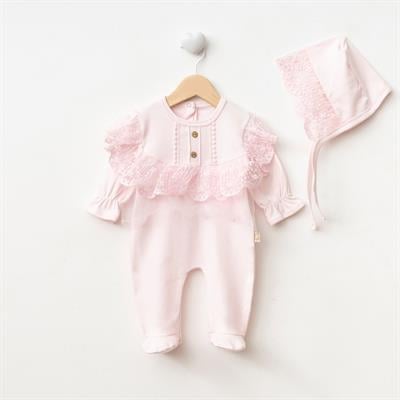 Kız Bebek Kısa Kollu Dantel İşlemeli Çıtçıtlı 2li Tulum Takım