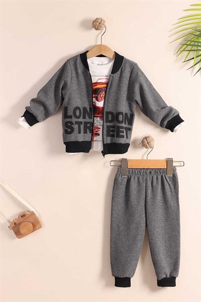 Erkek Bebek TakımAntrasit Fermuarlı Hırkalı Erkek Bebek 3'lü Takım - London Street Baskılı Kışlık Set (1-3 Yaş)