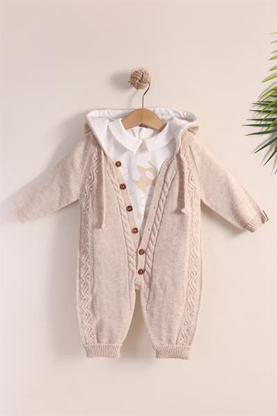 Erkek Bebek Tulum / SalopetBej Örme Erkek Bebek Kapüşonlu Tulum - Yün İçerikli Kışlık Body Tulum Set