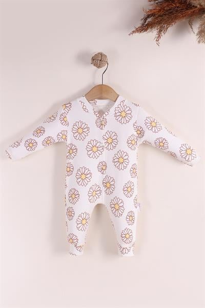 Kız Bebek Tulum / SalopetBeyaz Çiçekli Kız Bebek Tulumu - Pamuklu, Uzun Kollu, Çıtçıtlı Tulum