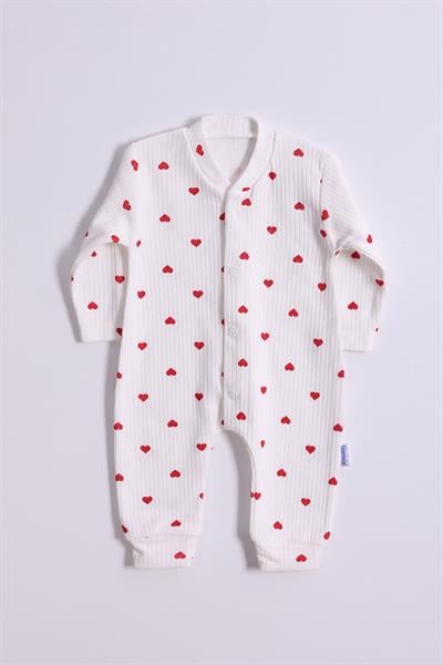 Kız Bebek TulumMinik Kalp Desenli Ekru Kız Bebek Tulum | %100 Pamuk, Çıtçıtlı