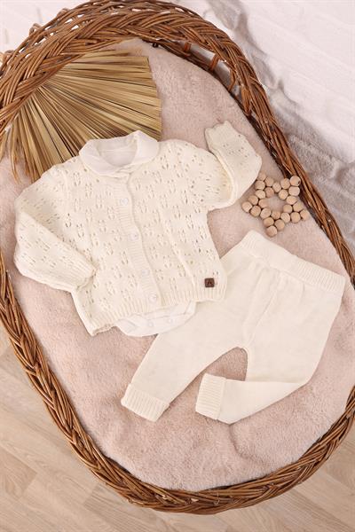 Kız Bebek TakımEkru Örme Triko Bebek 3'lü Takım - Unisex Body'li Kışlık Set
