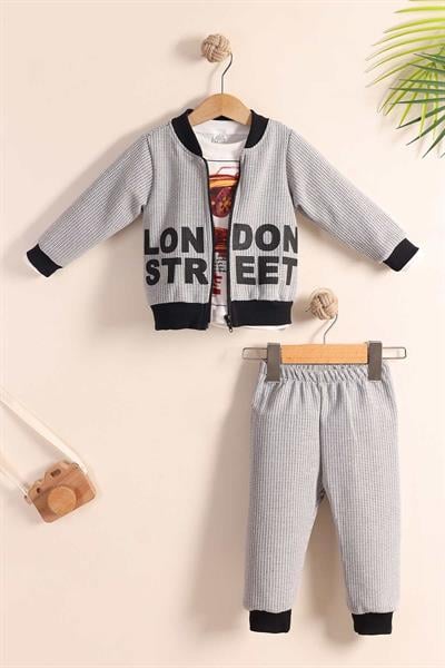 Erkek Bebek TakımGri Fermuarlı Hırkalı Erkek Bebek 3'lü Takım - London Street Baskılı Kışlık Set (1-3 Yaş)