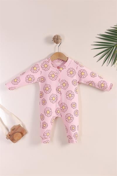 Kız Bebek Tulum / SalopetPembe Çiçekli Kız Bebek Tulumu - Pamuklu, Uzun Kollu, Çıtçıtlı Tulum