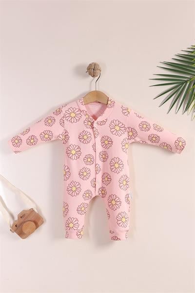Kız Bebek Tulum / SalopetPudra Çiçekli Kız Bebek Tulumu - Pamuklu, Uzun Kollu, Çıtçıtlı Tulum