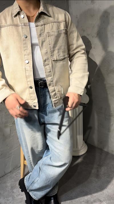 DENIM EFFECT CEPLİ OVERSHİRT KOT CEKET ( TAŞ GRİ )