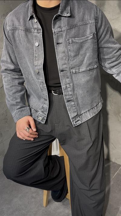 DENIM EFFECT CEPLİ OVERSHİRT KOT CEKET ( KOYU TAŞ GRİ )