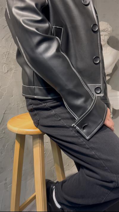 DERİ DİKİŞ DETAYLI - OVERSİZE JACKET ( BLACK ) SİYAH