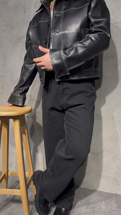 DERİ DİKİŞ DETAYLI - OVERSİZE JACKET ( BLACK ) SİYAH