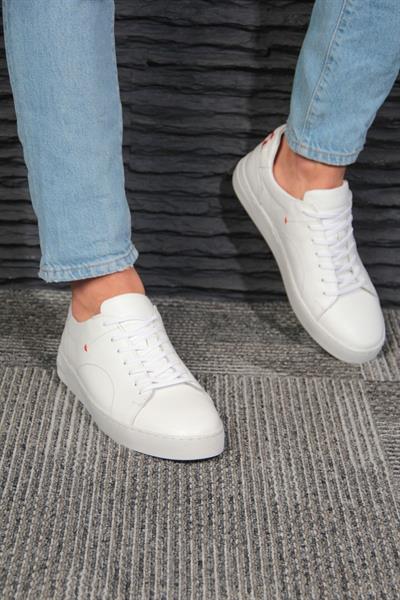 Hakiki Deri Erkek Günlük Beyaz Bağcıklı Sneaker Ayakkabı